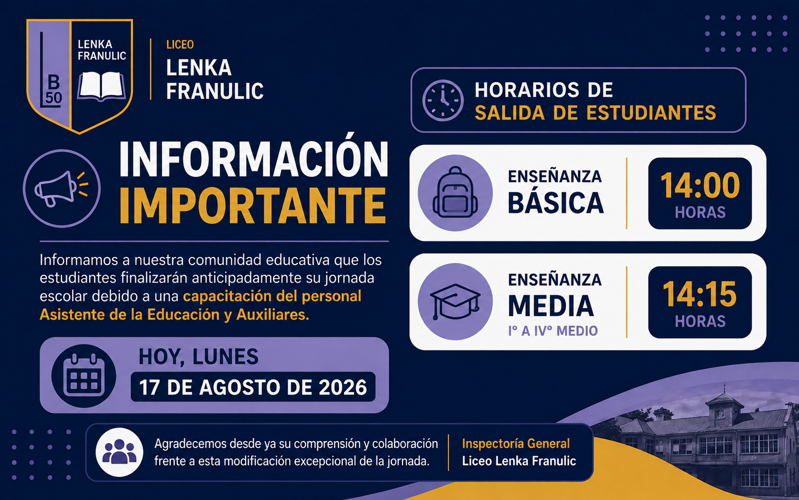 Aviso importante sobre horarios de salida de estudiantes del 17 de agosto de 2026