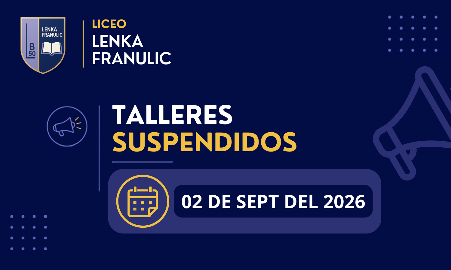 Aviso de suspensión de talleres por reunión de apoderados del 2 de septiembre de 2026